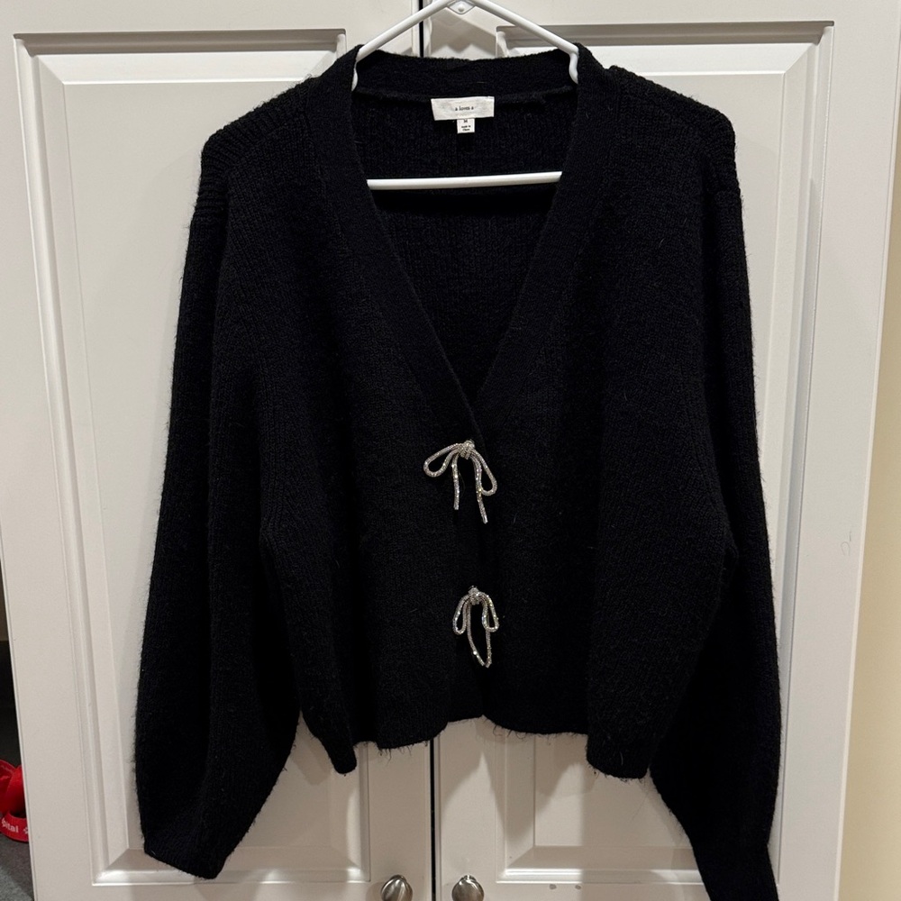 A Loves A Black Cardigan with Crystal Tie Accents